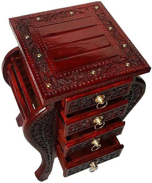ANB Enterprises Wooden Floral Carved Handmade Bedside Table with 4 Drawers Home Decor Furniture Engineered Wood Bedside Table