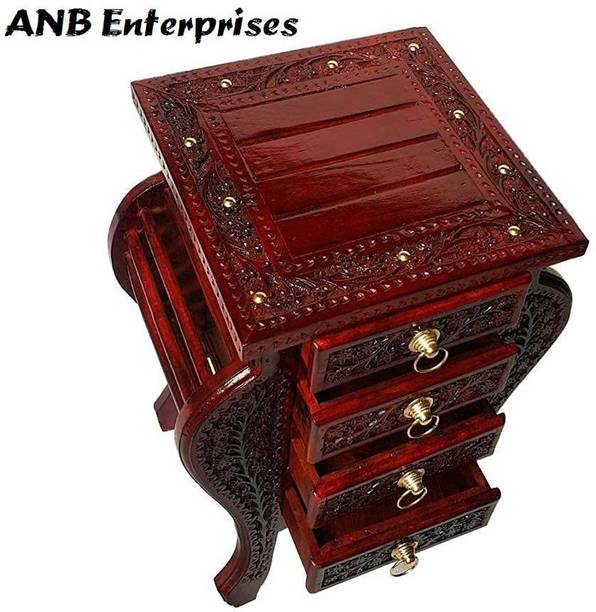 ANB Enterprises Wooden Floral Carved Handmade Bedside Table with 4 Drawers Home Decor Furniture Engineered Wood Bedside Table