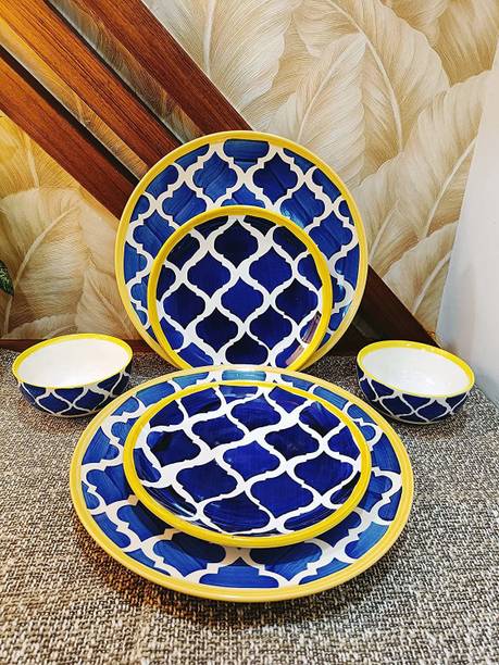 VolCraft Pack of 6 Ceramic Hand Painted Blue Umrao 2 Dinner & 2 Quarter Plates, 2 Bowl Microwave Safe Dinner Set
