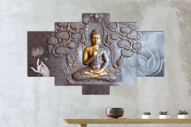 CIRCADIAN Lord Buddha Art Print Design Set of 5 MDF Self Adhesive Panel Frame Wall Decor Digital Reprint 17 inch x 30 inch Painting