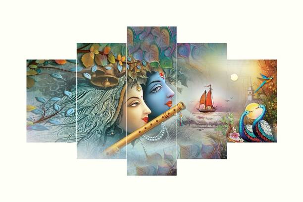 CIRCADIAN Radha Krishna Art Print Design Set of 5 MDF Self Adhesive Panel Frame Wall Decor Digital Reprint 17 inch x 30 inch Painting