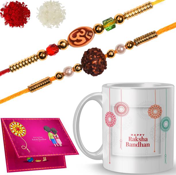 RS CASE Designer R-1.2,D-10 Gold Finish Rakhi, Chawal Roli Pack, Greeting Card, Mug Set