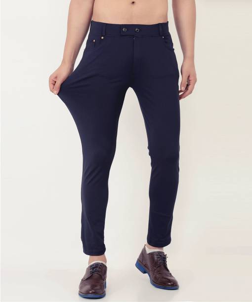 Men Regular Fit Blue Lycra Blend Trousers