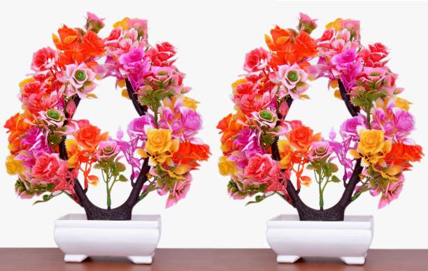 S-Biv Set of 2 FlowersIndoor Artificial Plants with Pot for Desk or Home Decoration Multicolor Rose, Lily Artificial Flower  with Pot