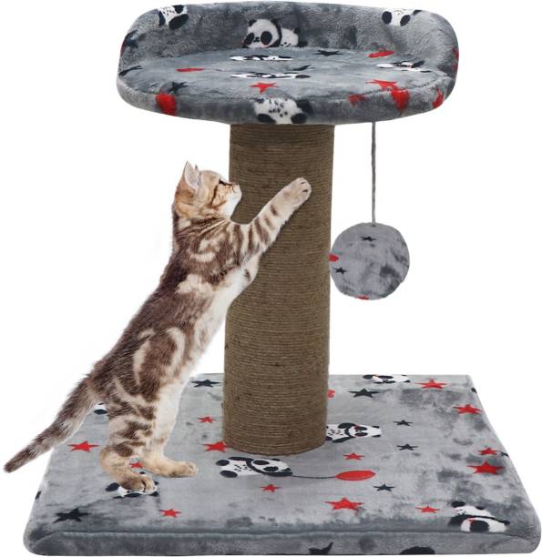 Hiputee Soft Cartoon Print Flannel Cat Scratching Post Activity Tree with Sisal Rope Free Standing Cat Tree