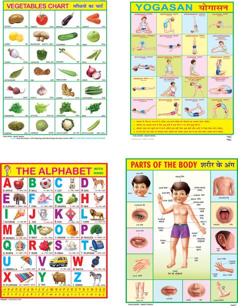 Combo of 4 Chart Vegetables, Yogasan, English Alphabet & Part of the Body Chart For Kids | 28x40Inch (70x100cm)| Laminated chart | Waterproof and Non tearable Wall Chart. Paper Print