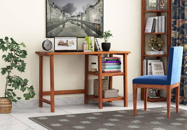 Divine Arts Solid Sheesham Wood Office Desk with 2 Shelf Storage Wooden Furniture Solid Wood Study Table