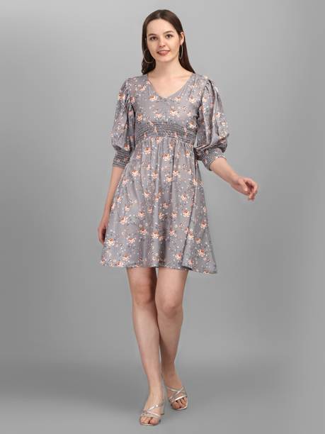 Women Fit and Flare Grey Above Knee/Mid Thigh Length Dress