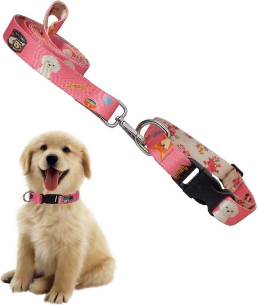 Jainsons Pet Products 12MM Pink Collar and Leash Set for Daily Outdoor Walking Printed Design for Dog & Cat Collar & Leash