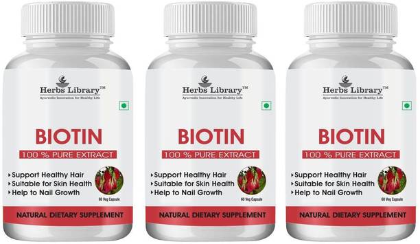 Herbs Library Biotin Maximum Strength for Hair Skin & Nails-10000 mcg Pack of 3(3x60 Capsules)