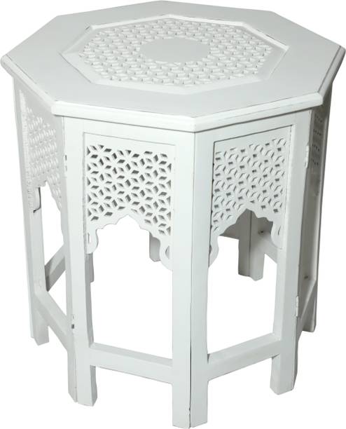 Decorhand Wooden Handcrafted Carved Solid Folding White Coffee Table Solid Wood Side Table