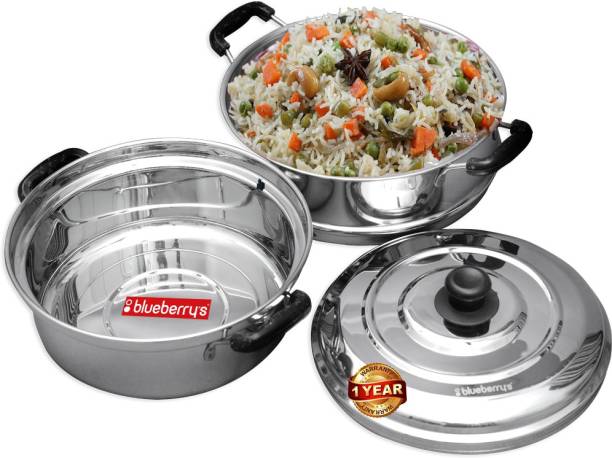 BlueBerry's 22 cm Stainless Steel Steamer Pasta, Vegetable, Momo, Idli Idly Maker Cooker Rice 2 Tier Set with Lid | Made in India(Silver) Stainless Steel Steamer