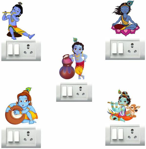 Decor Villa 25 cm Krishna Wall Sticker & Switch Board Sticker Set Of 5 Reusable Sticker