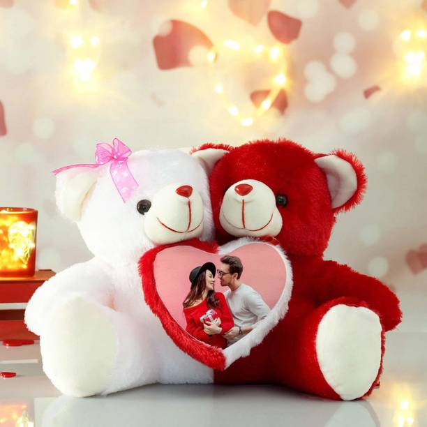 Anil Enterprises Personalized Couple Teddy With Photo Frame for Birthday, Valentine Day, Gifting  - 25 cm