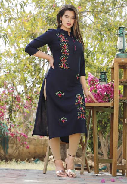 MHS Women Embroidered Viscose Rayon Straight Kurta (Dark Blue)