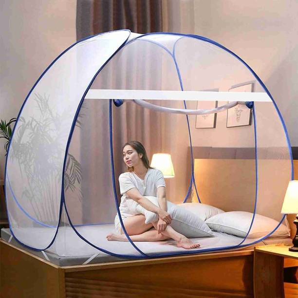 GROW MORE HDPE - High Density Poly Ethylene Adults Washable Adults Double Bed Mosquito Nets for King Size Foldable Machhardani (Blue+White) Mosquito Net