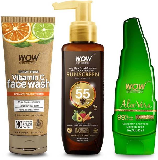 WOW SKIN SCIENCE Summer Skin Care Kit - Pure Aloe Vera Gel, Sunscreen Lotion & Vitamin C Face WashNet Vol. 260mL