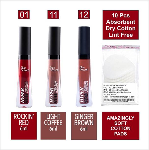 BLUE HEAVEN Hyper Stay Combo Liquid Matte Lipstick Shades-1-11-12 + Cotton Pad (10pcs)
