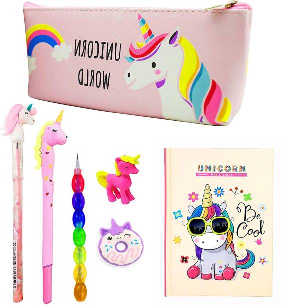 Neel Unicorn Stationery Sets Gift Pack of 7 in 1 for Girls Pouch,Diary,Pencil,Eraser unicorn Art Canvas Pencil Box