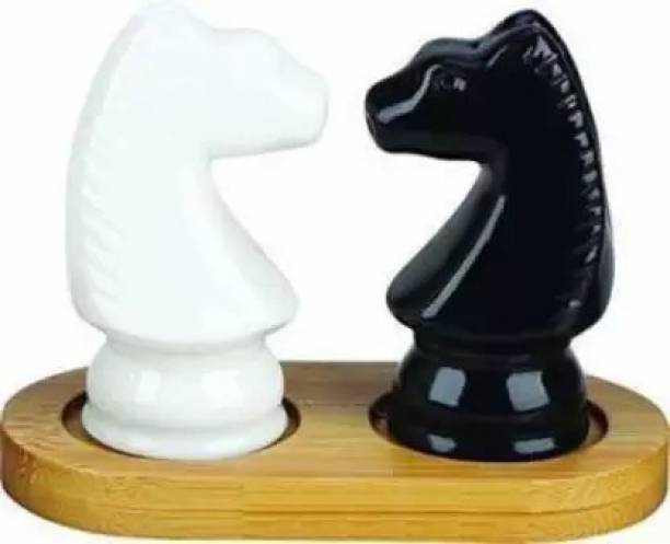 DULARIYA Chess Horse Salt & Pepper Shaker Set with Bamboo Tray 2 Piece Sugar Shaker 130 gm
