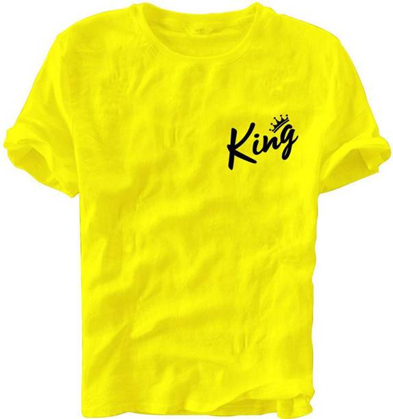 King_Logo-HF16-Y-XL Men Printed Round Neck Pure Cotton Yellow T-Shirt