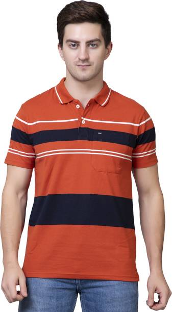 Men Striped Polo Neck Pure Cotton Orange T-Shirt Price in India