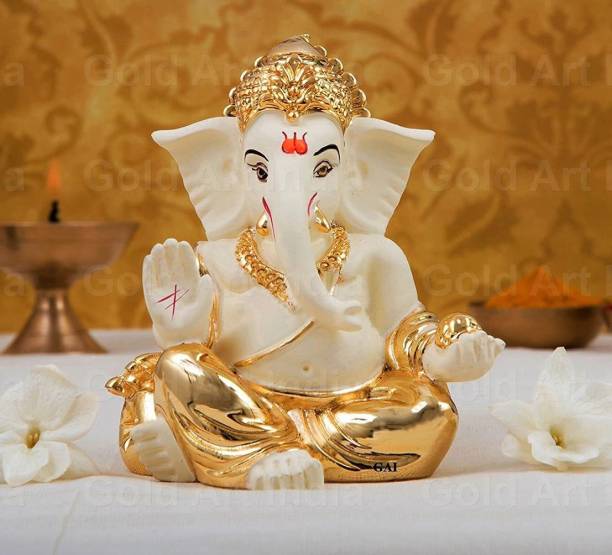Gold Art India Gold plated Ganesha for car dashboard home decor Diwali gifts Birthday festivals Decorative Showpiece  -  8.89 cm