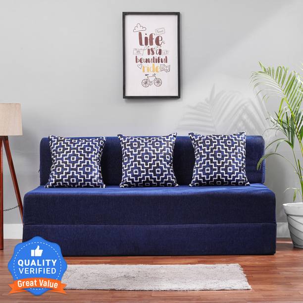 Solis Primus-comfort for all for 3 Person- Chenille Fabric Washable Cover with 3 Cushion (MULTI SQR)- Blue 3 Seater Double Foam Fold Out Sofa Cum Bed
