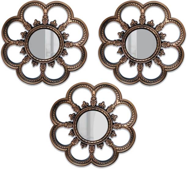 Painting Mantra Set of 3 Flower Shape Bronze Framed Wall Mirror for Living Room Bedroom Entryway Decorative Mirror