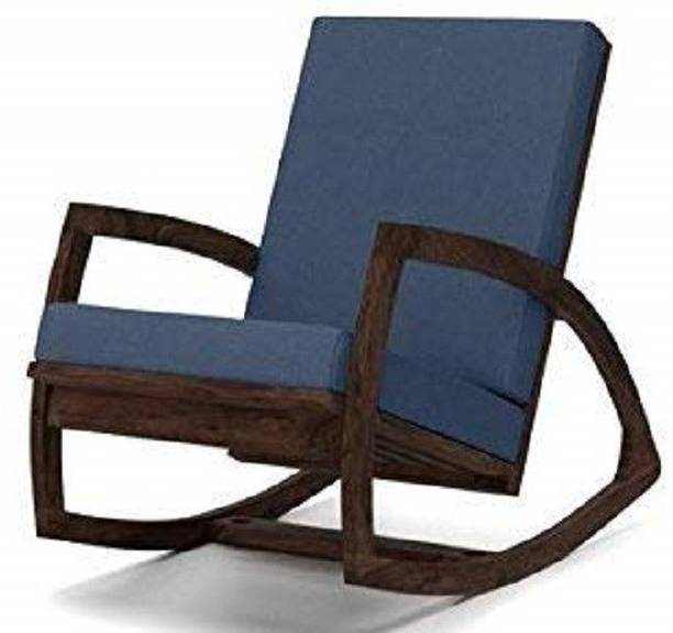 Divine Arts Sheesham Wood Rocking Chair with Blue Cushion for Living Room Solid Wood 1 Seater Rocking Chairs