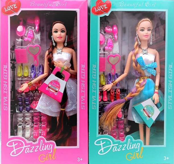 HappyBive Gorgeous Doll with Long Hair, Shoes Set and Beauty Accessories (Pack Of 4)
