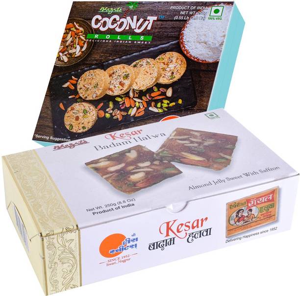 Bhagat's Heera Heera Sweet Son Roll Kesar Badam Halwa 250gm & Coconut 250gm Box