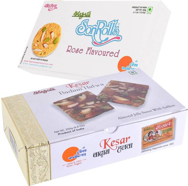 Bhagat's Heera Heera Sweet Son Roll Kesar Badam Halwa 250gm & Rose 500gm Box