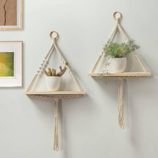 RAKANO Macrame Wall Hanging Wooden Shelf Floating Rack Shelves for Bedroom Living Room Wooden Wall Shelf