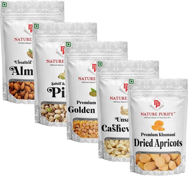 Nature Purify Dry Fruits Combo Pack (Almonds, Cashews, Pistachios, Raisins, khumani) (500 GM) Cashews, Apricots, Raisins, Pistachios, Almonds