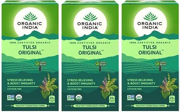 ORGANIC INDIA Tulsi Original 25 Tea Bags (Pack of 3) Tulsi Black Tea Bags Box