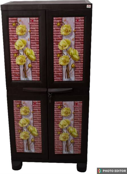 Classic Furniture Liberty 4ft Wardrobe| Closet| Shoerack Yellow Flower print- Coffee-Brown Plastic 2 Door Wardrobe