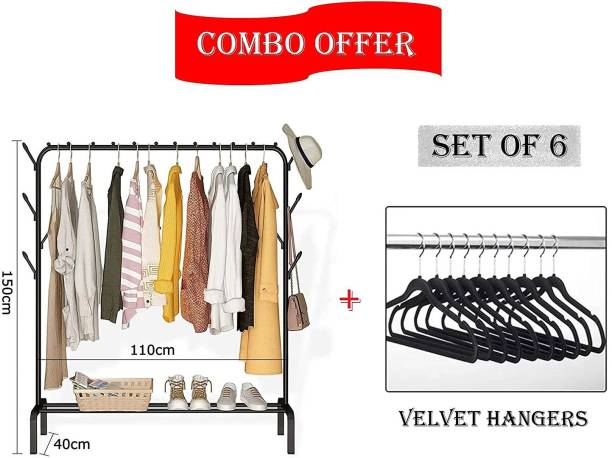 lukzer Garment Stand Combo with 6PC Velvet Hangers (Black / 150 x 110 x 40cm) Metal Coat and Umbrella Stand