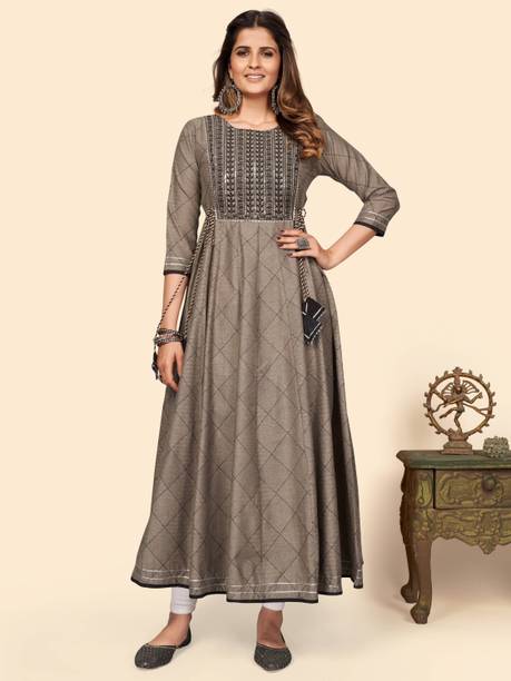 VBUYZ Women Embroidered Cotton Blend Anarkali Kurta (Brown)