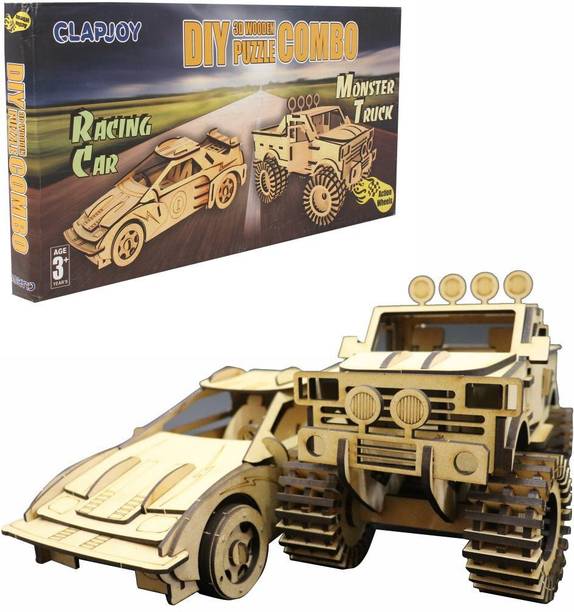 क्लैपजॉय 3D Wooden Make Your Own Racing Car and Monster Truck Combo