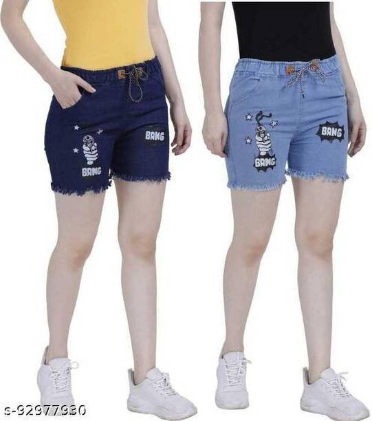 Pack of 2 Printed Women Blue, Dark Blue Denim Shorts