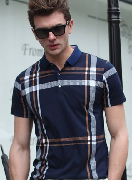 Men Checkered Polo Neck Cotton Blend Blue T-Shirt Price in India