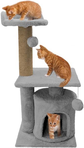 Hiputee Soft Fur Activity Scratching Post Cat Tree Natural Sisal Rope Two Floor Tower Free Standing Cat Tree