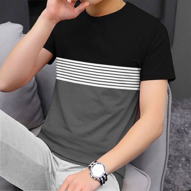 Men Striped Round Neck Cotton Blend Black, Grey T-Shirt