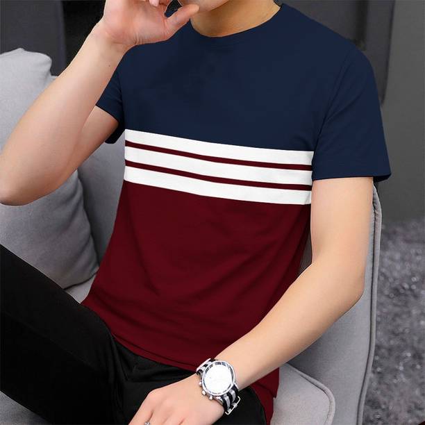 Men Striped Round Neck Cotton Blend Maroon, Navy Blue T-Shirt