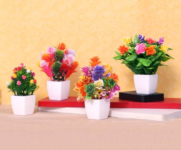 NERAPI Set of 4 Perfect Multicolor Wild Artificial Flower Piece, Multicolor Wild Flower Artificial Flower  with Pot