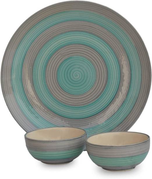 VolCraft Pack of 3 Ceramic Hand Painted Sea Green Grey 1 Dinner Plate, 2 Bowls Microwave & Dishwasher Safe Dinner Set