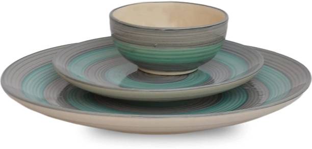 VolCraft Pack of 3 Ceramic SeaGreen Grey 1 Dinner & 1 Quarter Plate, 1 Bowl Microwave & Dishwasher Safe Dinner Set