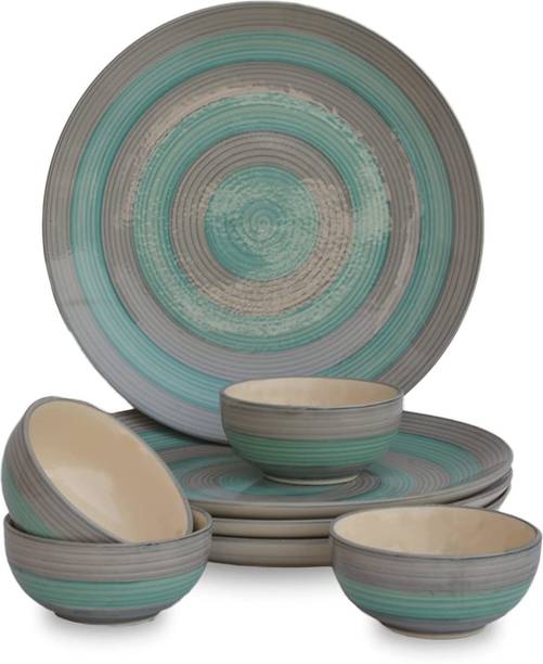 वॉलक्राफ्ट Hand Painted SeaGreen Grey 4 Dinner Plates, 4 Bowls Microwave & Dishwasher Safe 8 का पैक डिनर सेट