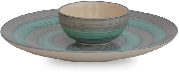 VolCraft Pack of 2 Ceramic Hand Painted Sea Green Grey 1 Dinner Plate, 1 Bowl Microwave & Dishwasher Safe Dinner Set
